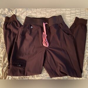 Figs Women's Jogger Scrub Pants in Dark Brown with Pink Drawstring